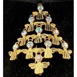 Y2K JJI Angel Christmas Tree Brooch Aurora Borealis Rhinestone Gold Tone Pin